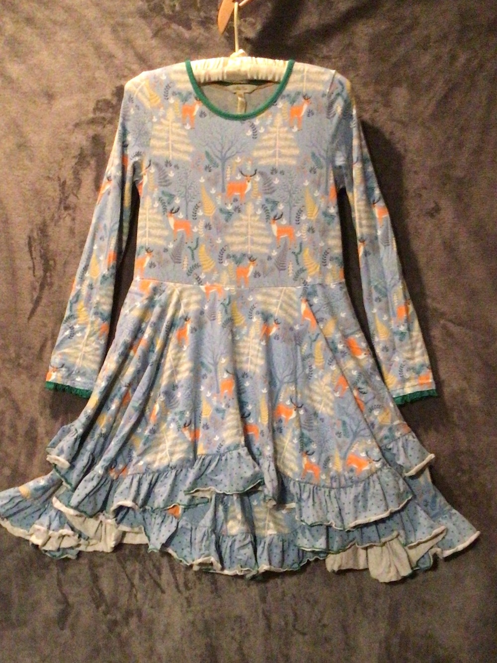 Matilda Jane Light Blue Fox & Tree Twirl Dress with Green Trim On Sleeves